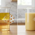 A photorealistic diptych illustrates molecular emulsification. On the left, a glass beaker contains distinct layers of shimmering golden olive oil over clear amber vinegar. Golden oil molecules and amber vinegar molecules are shown subtly repelling each other at their interface. On the right, the same beaker holds a smooth, creamy, pale golden-yellow emulsified vinaigrette. Inside, more complex, warm yellow-brown mustard molecules encapsulate the golden oil molecules, suspending them evenly. A silver whisk rests beside the emulsified mixture, all illuminated by soft natural light.
