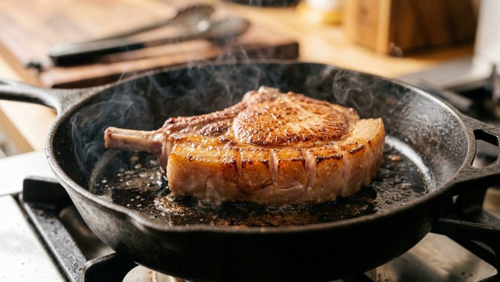 An ultra-photorealistic close-up of a thick-cut, bone-in pork chop actively searing in a hot cast iron skillet. The meat displays a flawless, uniform, deep brown Maillard crust. Its scored fat cap is glistening, rendered, and gently bubbling, with subtle steam rising, conveying intense heat and successful cooking.