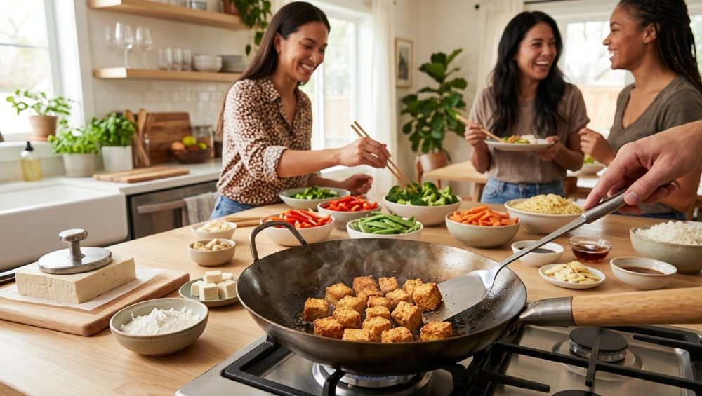 A vibrant, photorealistic image shows golden crispy tofu sizzling in a wok in the foreground, with a tofu press and cornstarch nearby. In the background, diverse friends gather around a clean kitchen island laden with colorful, prepped stir-fry ingredients, building their meals and interacting joyfully.