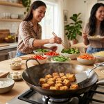A vibrant, photorealistic image shows golden crispy tofu sizzling in a wok in the foreground, with a tofu press and cornstarch nearby. In the background, diverse friends gather around a clean kitchen island laden with colorful, prepped stir-fry ingredients, building their meals and interacting joyfully.