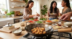 A vibrant, photorealistic image shows golden crispy tofu sizzling in a wok in the foreground, with a tofu press and cornstarch nearby. In the background, diverse friends gather around a clean kitchen island laden with colorful, prepped stir-fry ingredients, building their meals and interacting joyfully.