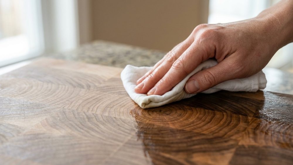 A hyperrealistic close-up shows a hand gently rubbing a conditioning agent into a pristine, end-grain maple or walnut cutting board with a white cloth. A treated section appears deeply hydrated, rich, and dark with a subtle sheen, contrasting sharply with an adjacent duller, paler, and drier untreated area. Soft natural light illuminates the scene.