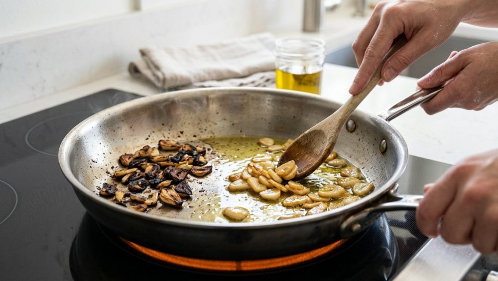 A highly detailed, photorealistic close-up of a sauté pan on a stovetop, illustrating a stark contrast: burnt, dark garlic on the left side, and perfectly golden, translucent garlic gently sautéing in olive oil on the right, being stirred by hands.