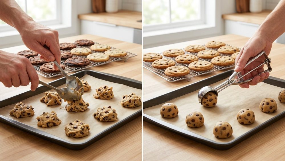 A photorealistic split image on a kitchen counter demonstrating cookie portioning methods. On the left, hands struggle with two mismatched spoons, resulting in uneven dough and inconsistently baked cookies (some burnt, some pale). On the right, hands use a portion disher to create perfectly uniform dough and identical, golden-brown cookies, showcasing precision and consistent results.