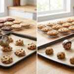 A photorealistic split image on a kitchen counter demonstrating cookie portioning methods. On the left, hands struggle with two mismatched spoons, resulting in uneven dough and inconsistently baked cookies (some burnt, some pale). On the right, hands use a portion disher to create perfectly uniform dough and identical, golden-brown cookies, showcasing precision and consistent results.