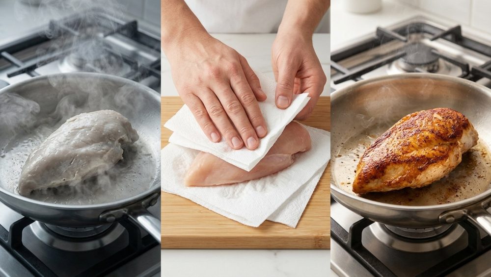A three-panel composite image illustrating the transformative impact of drying protein before searing: a pale, steaming chicken in a pan; hands patting raw chicken dry with paper towels; and a perfectly seared, golden-brown chicken with a crispy crust.