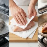 A three-panel composite image illustrating the transformative impact of drying protein before searing: a pale, steaming chicken in a pan; hands patting raw chicken dry with paper towels; and a perfectly seared, golden-brown chicken with a crispy crust.