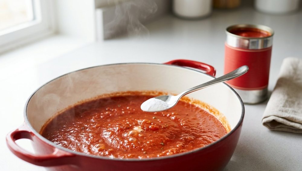 A photorealistic close-up of vibrant, deep red tomato pasta sauce gently simmering in a modern enameled pot. A silver spoon, perfectly centered, suspends a tiny pinch of white baking soda just above the bubbling surface, from which subtle steam rises. In the softly blurred background, an unbranded can of whole peeled tomatoes hints at the ingredients on a clean counter. The scene evokes practical culinary science.