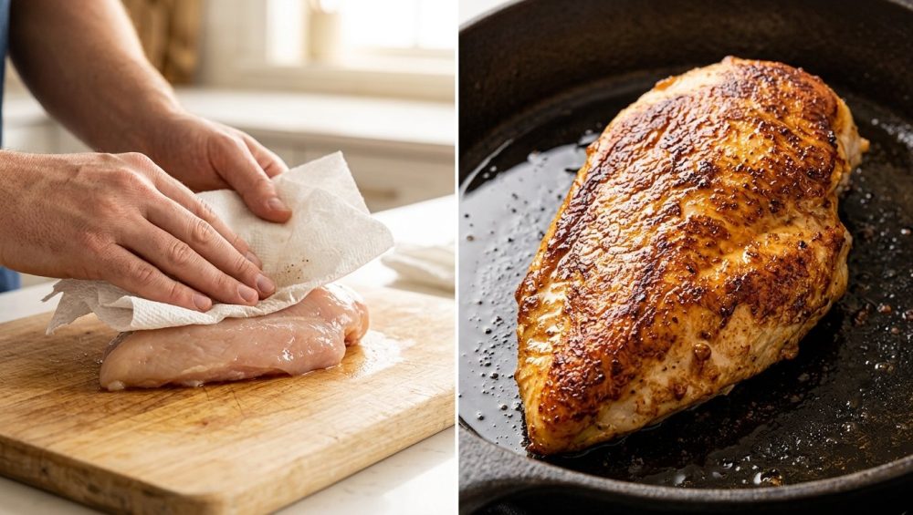 A photorealistic diptych. On the left, hands diligently pat raw protein dry with white paper towels on a cutting board. On the right, an extreme close-up of the same protein, perfectly seared with a rich, golden-brown crust, glistening and juicy. The image illustrates the transformation from preparation to a delicious, perfectly cooked result.