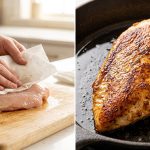 A photorealistic diptych. On the left, hands diligently pat raw protein dry with white paper towels on a cutting board. On the right, an extreme close-up of the same protein, perfectly seared with a rich, golden-brown crust, glistening and juicy. The image illustrates the transformation from preparation to a delicious, perfectly cooked result.