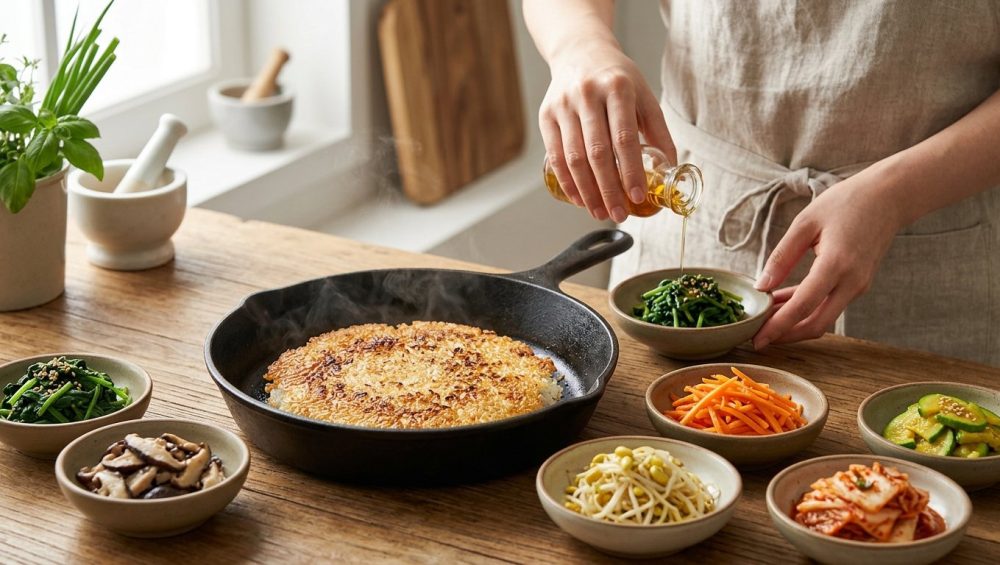 A close-up, hyper-photorealistic image of golden-brown crispy rice (nurungji) sizzling in a cast-iron skillet, surrounded by an artful array of vibrant Korean vegetable side dishes (namul) in ceramic bowls. Gentle hands are seen drizzling sesame oil over one of the bowls, all set on a warm wooden surface with soft natural light and a blurred kitchen background.