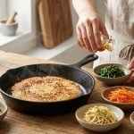 A close-up, hyper-photorealistic image of golden-brown crispy rice (nurungji) sizzling in a cast-iron skillet, surrounded by an artful array of vibrant Korean vegetable side dishes (namul) in ceramic bowls. Gentle hands are seen drizzling sesame oil over one of the bowls, all set on a warm wooden surface with soft natural light and a blurred kitchen background.