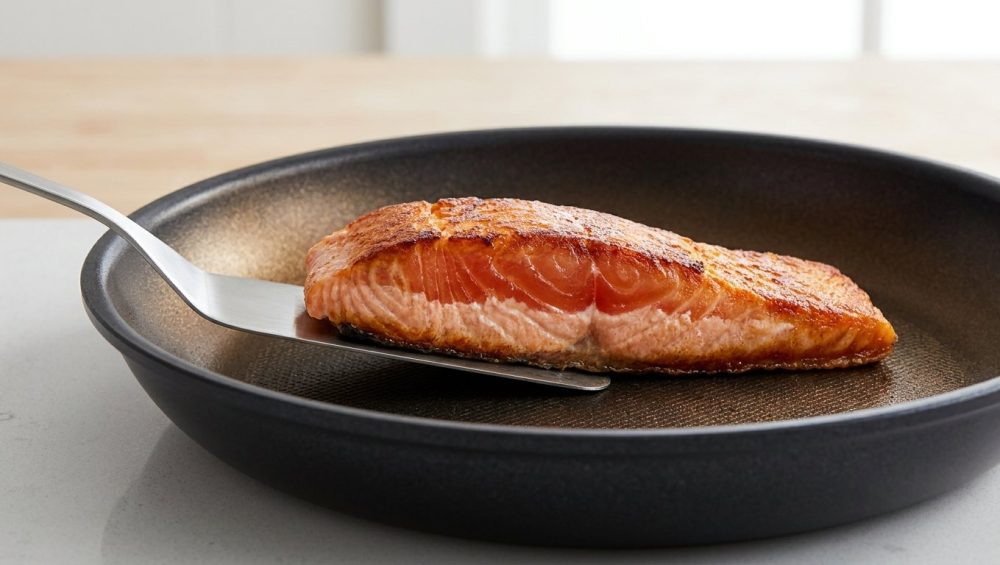 A photorealistic image shows a thick-cut salmon fillet perfectly pan-seared with a golden-brown crust in a non-stick pan. A metal spatula slides easily underneath, revealing a visible opaque cooked band on the fish, emphasizing a flawless, easy sear.