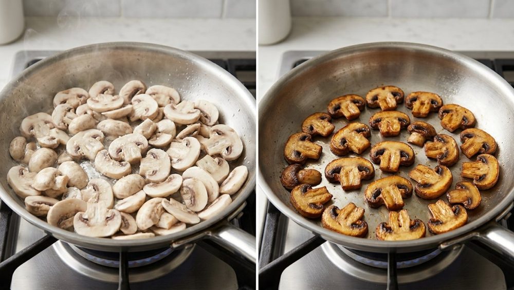 A diptych showing a side-by-side comparison of mushrooms. On the left, a pan of pale, crowded, wet mushrooms that appear rubbery and steamed. On the right, an identical pan holds perfectly seared, golden-brown mushrooms with rich, caramelized edges, demonstrating proper cooking technique.