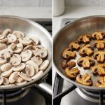 A diptych showing a side-by-side comparison of mushrooms. On the left, a pan of pale, crowded, wet mushrooms that appear rubbery and steamed. On the right, an identical pan holds perfectly seared, golden-brown mushrooms with rich, caramelized edges, demonstrating proper cooking technique.