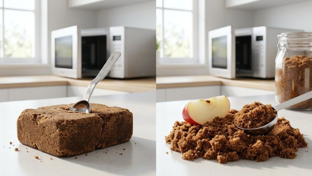 A photorealistic diptych in a modern kitchen shows the transformation of brown sugar. On the left, a rock-hard block of dark brown sugar with a bent measuring spoon stuck in it. On the right, the same sugar is now soft, fluffy, and easily scooped by a clean spoon, with a red apple slice resting on top.