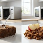 A photorealistic diptych in a modern kitchen shows the transformation of brown sugar. On the left, a rock-hard block of dark brown sugar with a bent measuring spoon stuck in it. On the right, the same sugar is now soft, fluffy, and easily scooped by a clean spoon, with a red apple slice resting on top.