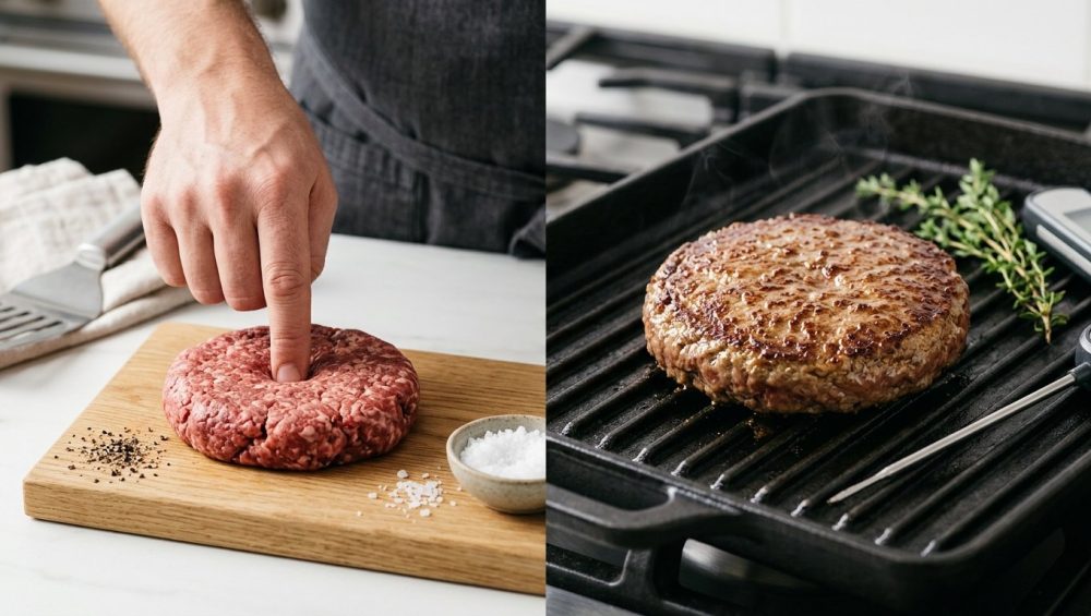 A high-quality, split-composition image shows a hand pressing a precise thumbprint into a vibrant red, raw ground beef patty on a clean cutting board. Adjacent to it, a perfectly cooked, flat, evenly browned burger patty with uniform grill marks rests on a hot grate, showcasing a restaurant-quality result.