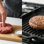 A high-quality, split-composition image shows a hand pressing a precise thumbprint into a vibrant red, raw ground beef patty on a clean cutting board. Adjacent to it, a perfectly cooked, flat, evenly browned burger patty with uniform grill marks rests on a hot grate, showcasing a restaurant-quality result.