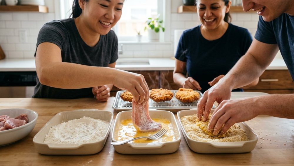 An ultra-photorealistic scene of hands methodically breading katsu at a three-step station: flour, egg wash, and panko. One hand presses a raw cutlet into panko for a perfect, uniform crust. Finished, golden-brown katsu rests nearby, while the clean, warm kitchen suggests shared culinary joy.