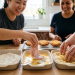 An ultra-photorealistic scene of hands methodically breading katsu at a three-step station: flour, egg wash, and panko. One hand presses a raw cutlet into panko for a perfect, uniform crust. Finished, golden-brown katsu rests nearby, while the clean, warm kitchen suggests shared culinary joy.