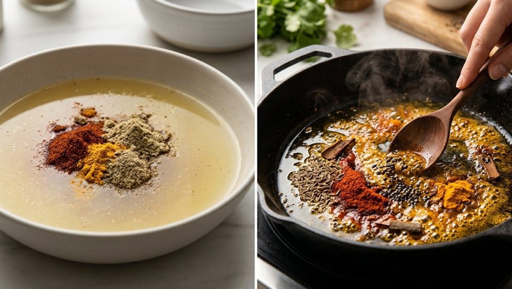 A photorealistic diptych illustrating spice transformation. The left panel shows dull, clumpy ground spices (reddish-brown, yellow, gray) resting unmixed in a pale, watery broth. The right panel, in stark contrast, shows vibrant, deeply colored spices actively sizzling in shimmering hot oil in a pan, gently stirred by a hand, highlighting aromatic activation.