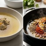 A photorealistic diptych illustrating spice transformation. The left panel shows dull, clumpy ground spices (reddish-brown, yellow, gray) resting unmixed in a pale, watery broth. The right panel, in stark contrast, shows vibrant, deeply colored spices actively sizzling in shimmering hot oil in a pan, gently stirred by a hand, highlighting aromatic activation.