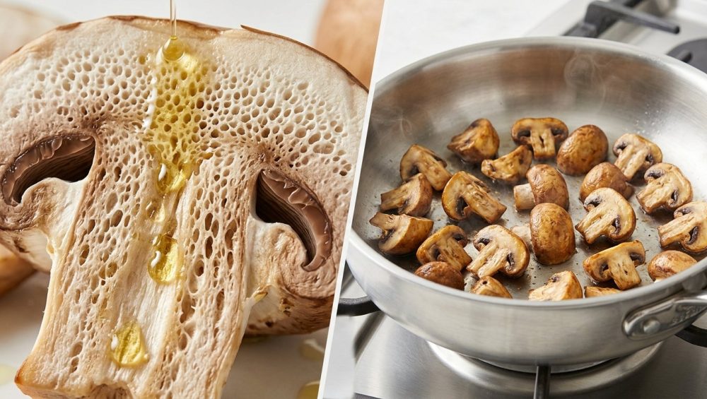 A photorealistic split image comparing mushroom cooking methods: on the left, a macro view of a sliced crimini mushroom rapidly absorbing glistening oil into its porous structure; on the right, golden-brown, non-greasy crimini mushrooms are perfectly caramelized in a clean pan using the water-simmer method.