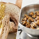 A photorealistic split image comparing mushroom cooking methods: on the left, a macro view of a sliced crimini mushroom rapidly absorbing glistening oil into its porous structure; on the right, golden-brown, non-greasy crimini mushrooms are perfectly caramelized in a clean pan using the water-simmer method.