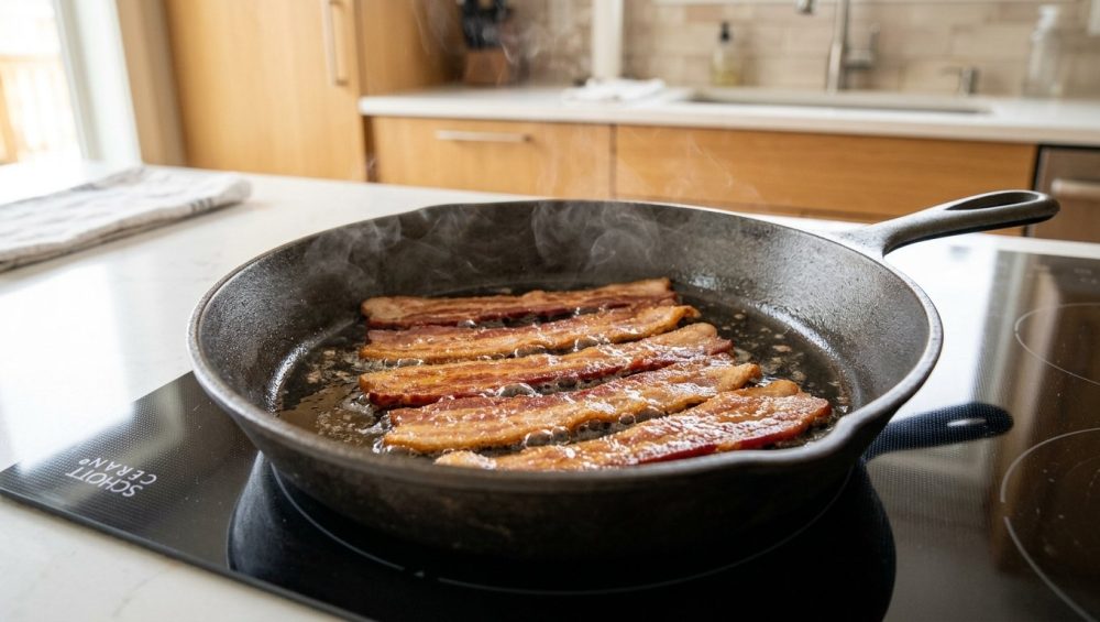A photorealistic image of thick-cut bacon strips perfectly laid in a pristine pan, gently frying with subtle steam and golden-brown edges, in a bright, clean kitchen setting.