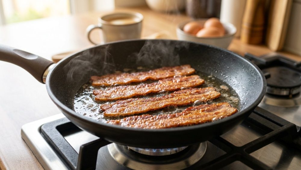 A photorealistic close-up of perfectly flat, golden-brown, crispy bacon slices gently cooking in a pristine non-stick pan on a modern stovetop. Soft morning light illuminates the appetizing scene in a blurred home kitchen.