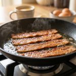 A photorealistic close-up of perfectly flat, golden-brown, crispy bacon slices gently cooking in a pristine non-stick pan on a modern stovetop. Soft morning light illuminates the appetizing scene in a blurred home kitchen.