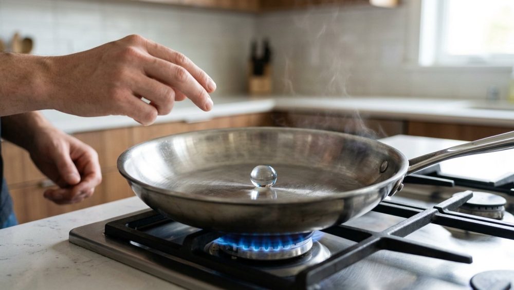 A photorealistic close-up of a single, spherical water droplet dancing on a superheated, brushed stainless steel frying pan, demonstrating the Leidenfrost effect. A cook's hands are visible in the foreground, intently watching the droplet. The background is a subtly blurred, minimalist kitchen counter with natural light.