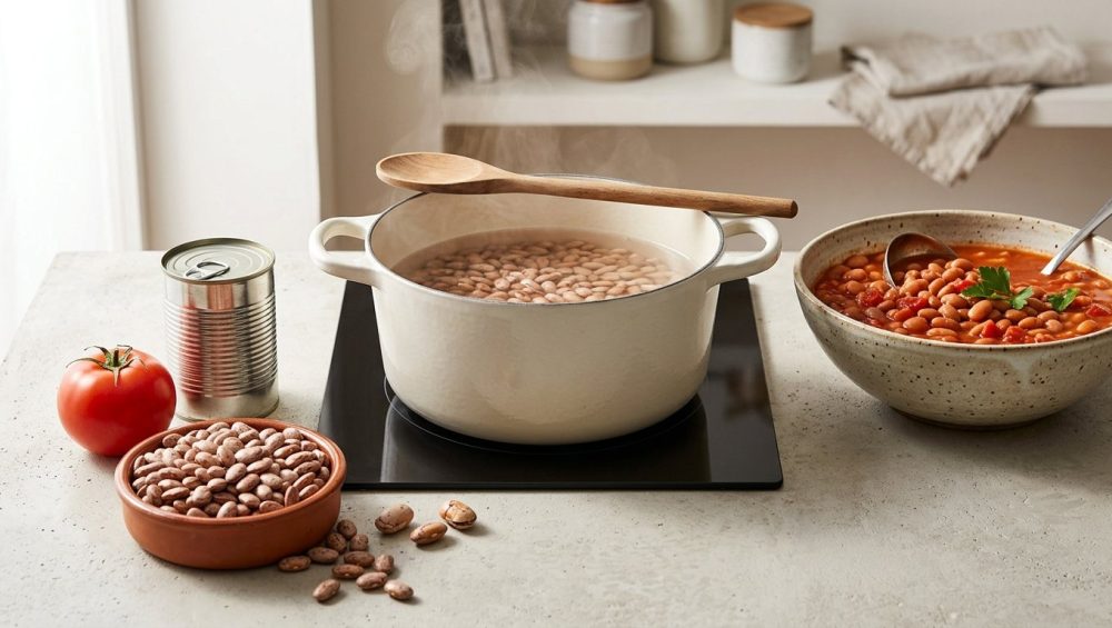 A photorealistic kitchen still life demonstrating the stages of cooking dried beans. Dry beans and whole tomatoes are in the foreground, followed by beans simmering without tomatoes, and finally, tender beans in a rich tomato sauce.