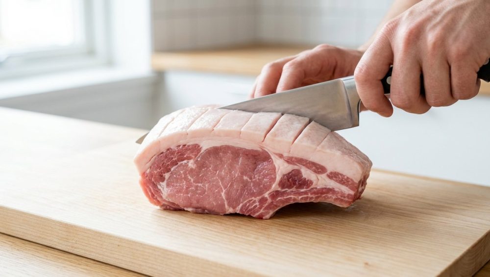 A detailed, photorealistic close-up shows a chef's knife precisely scoring the thick white fat cap of a raw, bone-in pork chop on a light wooden cutting board. The vibrant pink meat and meticulous cuts convey culinary freshness and precision.