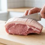 A detailed, photorealistic close-up shows a chef's knife precisely scoring the thick white fat cap of a raw, bone-in pork chop on a light wooden cutting board. The vibrant pink meat and meticulous cuts convey culinary freshness and precision.