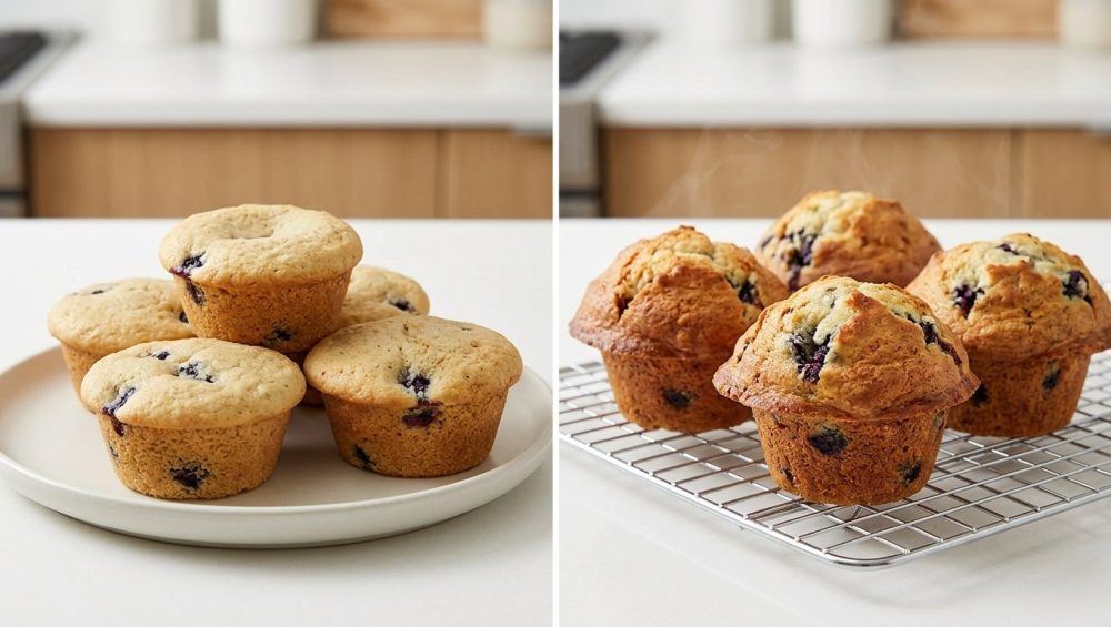 A photorealistic "before and after" studio shot of homemade muffins. The "before" muffins are flat and pale; the "after" muffins are tall, richly golden-brown, and perfectly domed, illustrating a dramatic baking improvement.