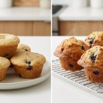 A photorealistic "before and after" studio shot of homemade muffins. The "before" muffins are flat and pale; the "after" muffins are tall, richly golden-brown, and perfectly domed, illustrating a dramatic baking improvement.