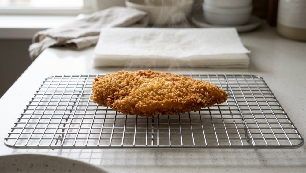 A photorealistic image shows a perfectly crisp, golden-brown pan-fried breaded cutlet (or similar food item) resting on a silver wire cooling rack on a clean, light kitchen counter. Its dry, textured breading appears shatteringly crispy, free from oil or moisture. Heat haze shimmers above, while steam rises from underneath the food through the rack, illustrating efficient cooling. In the soft-focus background, paper towels show a faint cloud of condensation above them, highlighting the rack's superior method for preventing soggy breading.