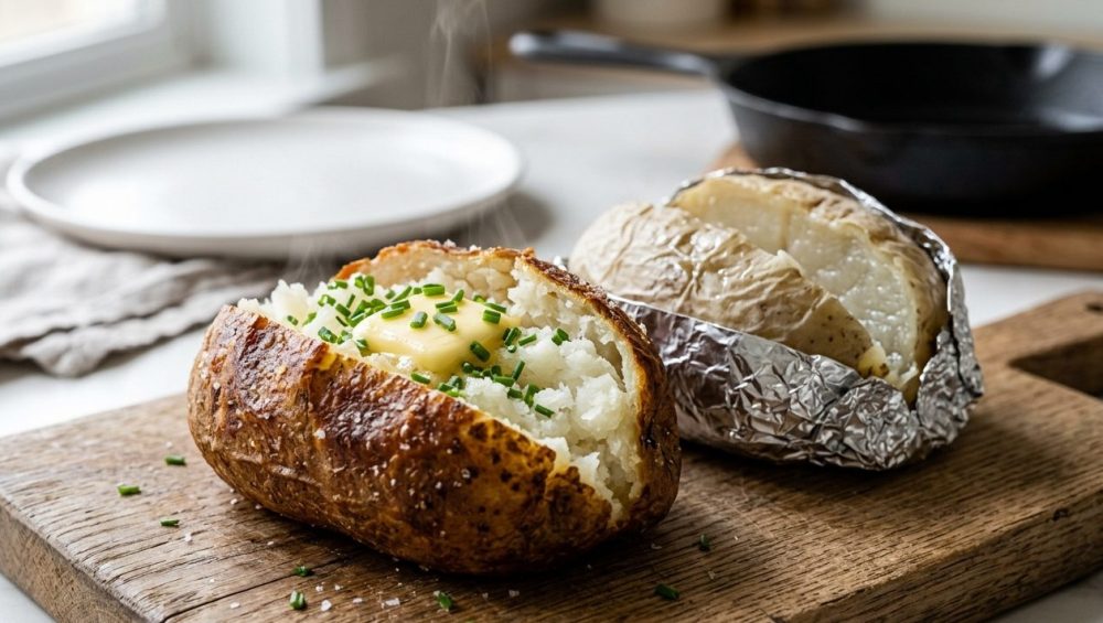 A photorealistic image of two baked potatoes on a rustic wooden board: one perfectly golden-brown with crispy skin, fluffy white interior, melting butter, and chives; the other, partially wrapped in foil, is pale, dense, and unappetizing.