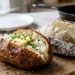 A photorealistic image of two baked potatoes on a rustic wooden board: one perfectly golden-brown with crispy skin, fluffy white interior, melting butter, and chives; the other, partially wrapped in foil, is pale, dense, and unappetizing.