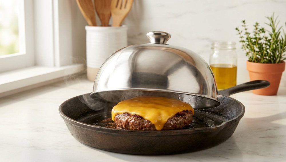 A pristine stainless steel dome covers a sizzling gourmet beef burger with glossy, melted cheddar cheese in a cast iron skillet. Subtle steam escapes from the dome on a clean kitchen counter, lit by soft natural light.