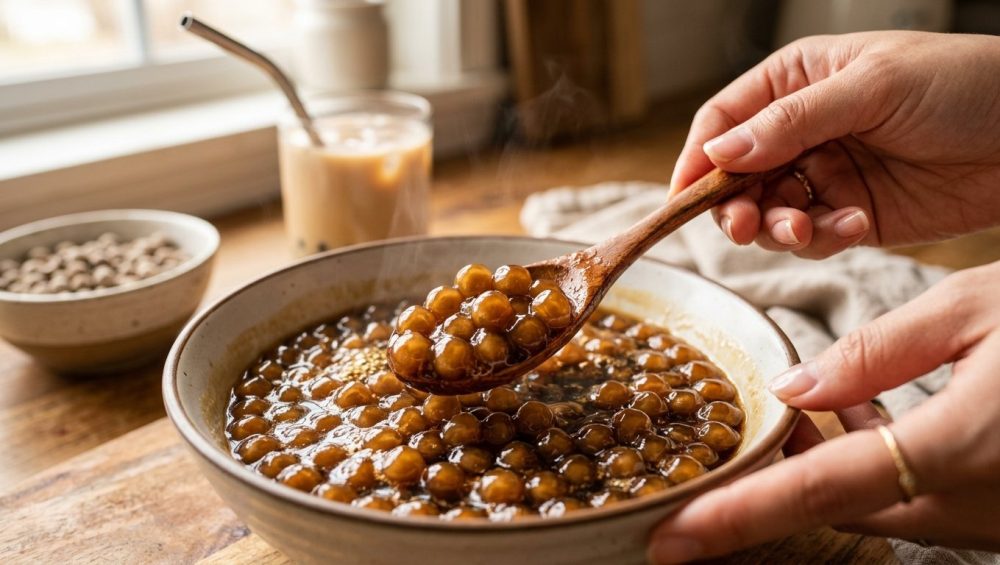 A close-up of glistening, dark brown tapioca pearls in warm, golden-brown syrup, gently stirred by hands with a wooden spoon, in a softly blurred, inviting kitchen setting.