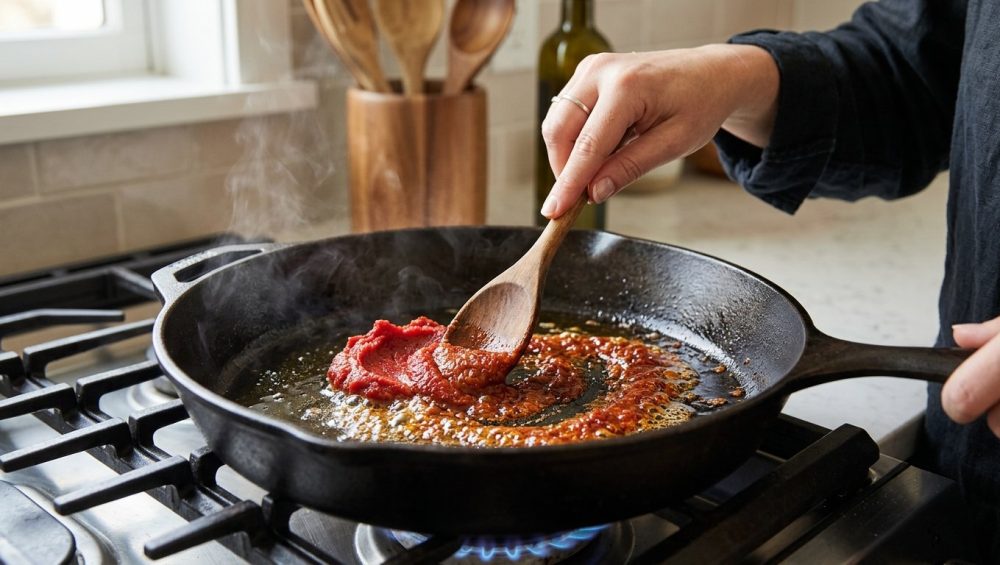 A photorealistic close-up shows a home cook's hand stirring bright red tomato paste in shimmering hot olive oil in a pan. The paste is actively transforming, with parts deepening to a rich, glossy brick-red from caramelization, while other sections remain vibrant red. Gentle steam rises, hinting at flavor development.