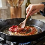 A photorealistic close-up shows a home cook's hand stirring bright red tomato paste in shimmering hot olive oil in a pan. The paste is actively transforming, with parts deepening to a rich, glossy brick-red from caramelization, while other sections remain vibrant red. Gentle steam rises, hinting at flavor development.