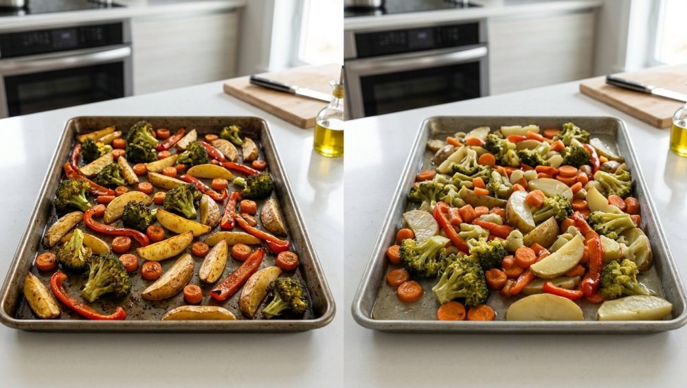 A photorealistic food photograph showing two baking sheets of mixed roasted vegetables side-by-side on a kitchen counter. The left pan holds perfectly golden-brown, crispy, and caramelized vegetables. The right pan contains pale, limp, and overcrowded vegetables, visibly waterlogged and steamed.