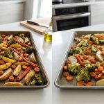 A photorealistic food photograph showing two baking sheets of mixed roasted vegetables side-by-side on a kitchen counter. The left pan holds perfectly golden-brown, crispy, and caramelized vegetables. The right pan contains pale, limp, and overcrowded vegetables, visibly waterlogged and steamed.