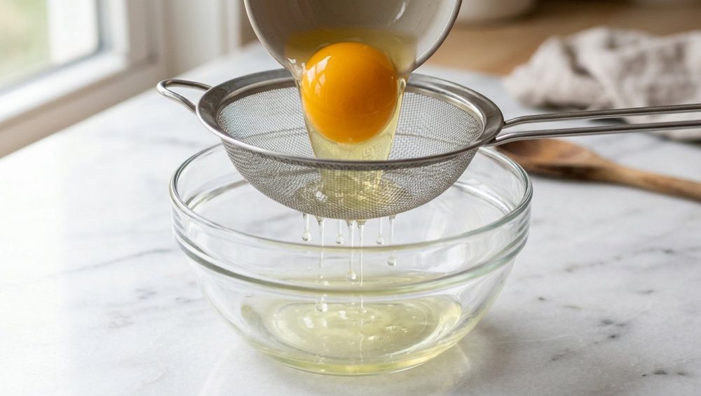 A hyper-detailed, photorealistic close-up of a raw egg being meticulously strained. Watery albumen drips through a gleaming stainless steel fine mesh into a glass bowl, while the vibrant orange-yellow yolk and dense albumen remain intact in the strainer. The scene is clean, bright, and minimalist.