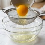A hyper-detailed, photorealistic close-up of a raw egg being meticulously strained. Watery albumen drips through a gleaming stainless steel fine mesh into a glass bowl, while the vibrant orange-yellow yolk and dense albumen remain intact in the strainer. The scene is clean, bright, and minimalist.