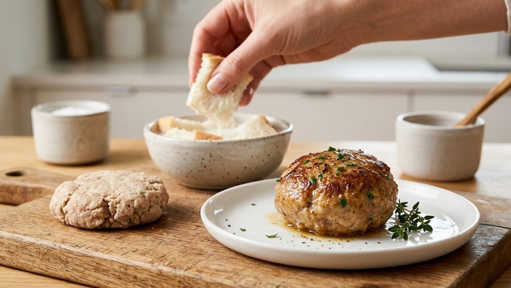 A photorealistic image showcasing the 'panade' technique for ground meat. In the foreground, a perfectly cooked, tender, and juicy golden-brown meatball glistens. In the background, a dry, dense, crumbly meat patty contrasts with a bowl where a hand squeezes milk from soaked white bread (the panade). The scene is a clean, brightly lit kitchen counter.